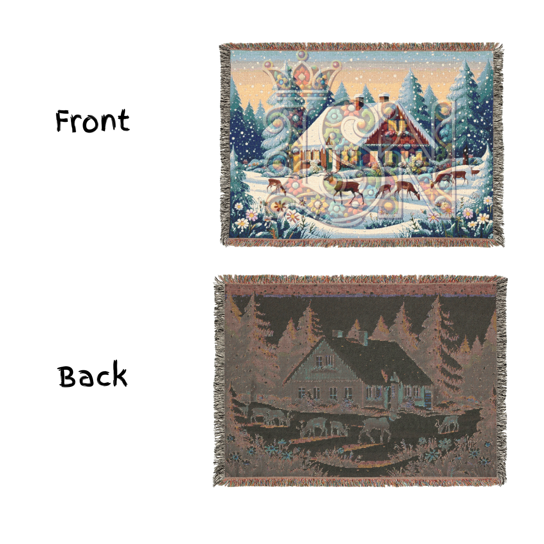 Winter’s Quiet Grace Nordic Folk Art Snowy Cabin Woven Blanket – Cozy 100% Cotton Throw