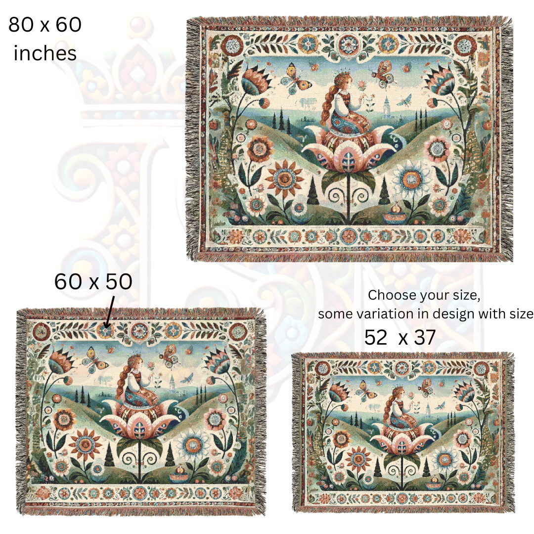 Whimsical Folk Art Thumbelina Inspired Princess Woven Blanket, 100% Cotton Tapestry – Storybook Fairytale Throw, Nordic Boho Home Decor, Cozy Gift for Her
