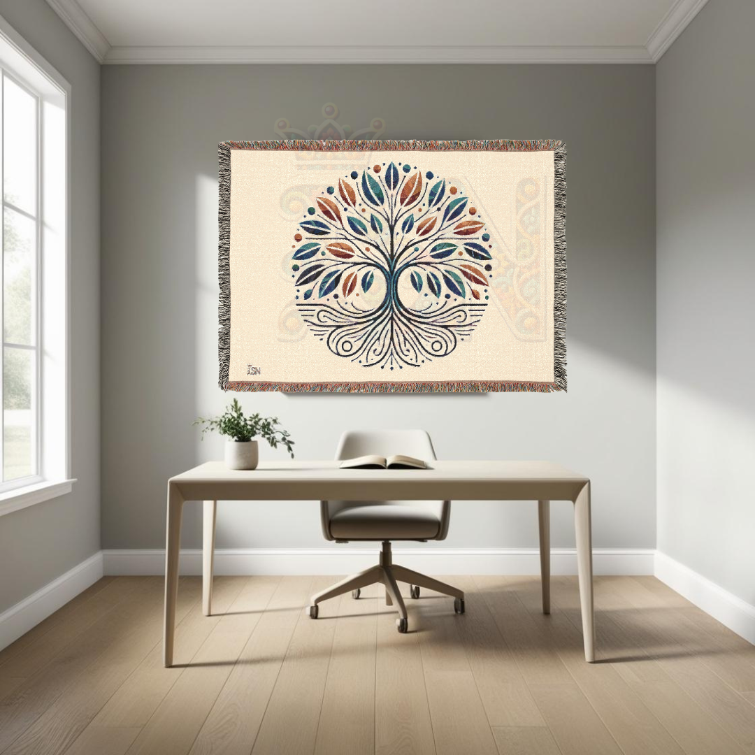 Tree of Life Woven Throw Blanket – Nature-Inspired Cotton Tapestry in Blue & Rust