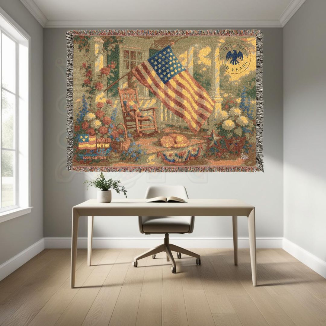 Patriotic Porch with Flag and Cat Woven Blanket – Cozy Americana Garden Throw