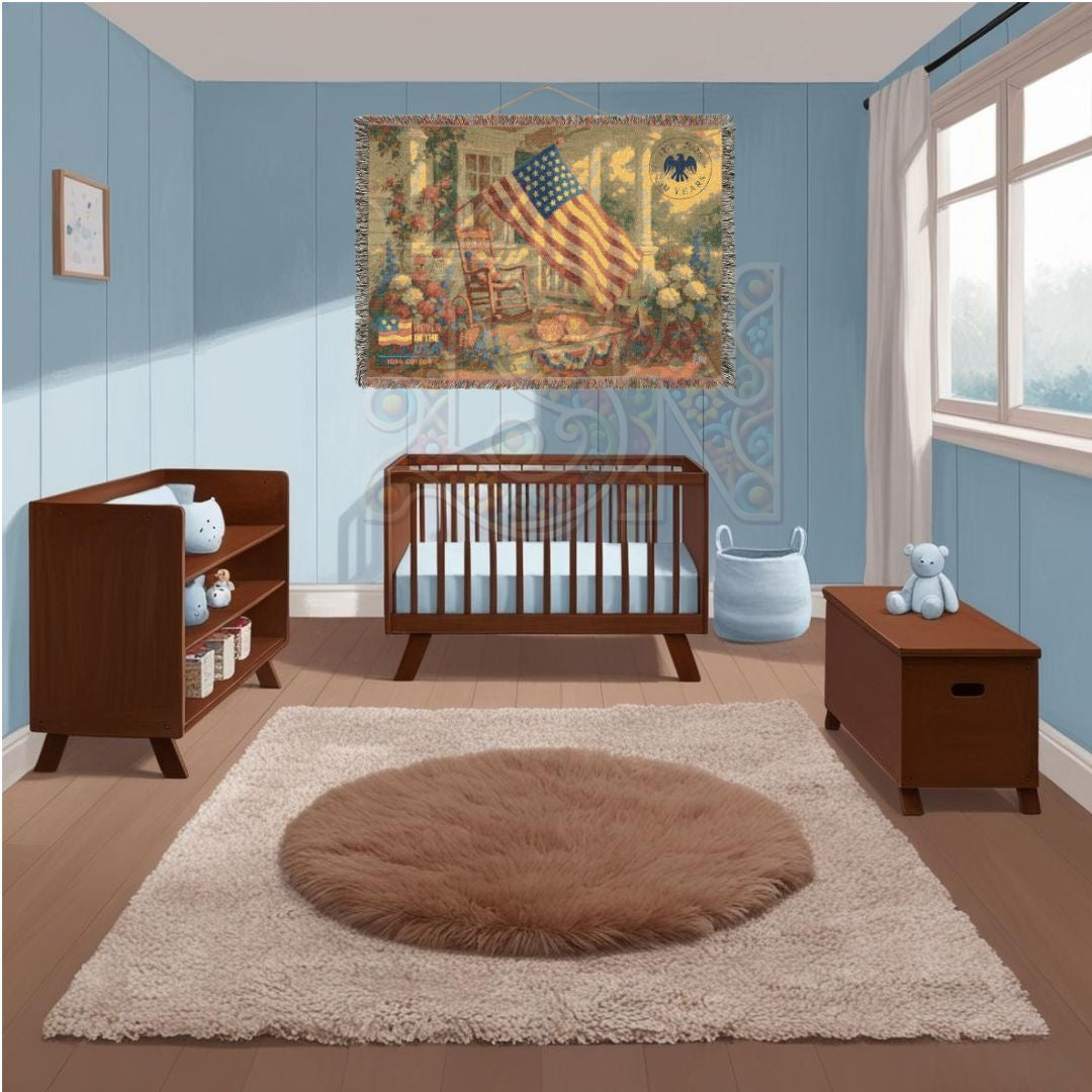 Patriotic Porch with Flag and Cat Woven Blanket – Cozy Americana Garden Throw