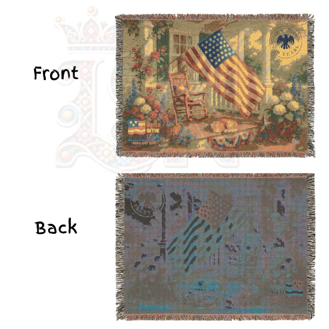 Patriotic Porch with Flag and Cat Woven Blanket – Cozy Americana Garden Throw
