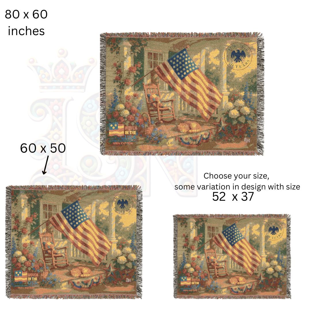 Patriotic Porch with Flag and Cat Woven Blanket – Cozy Americana Garden Throw