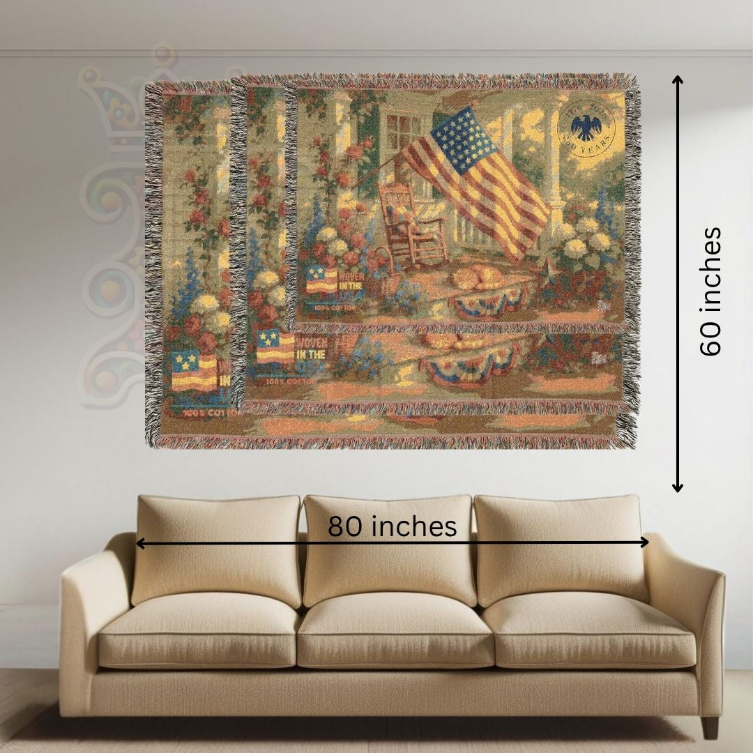 Patriotic Porch with Flag and Cat Woven Blanket – Cozy Americana Garden Throw