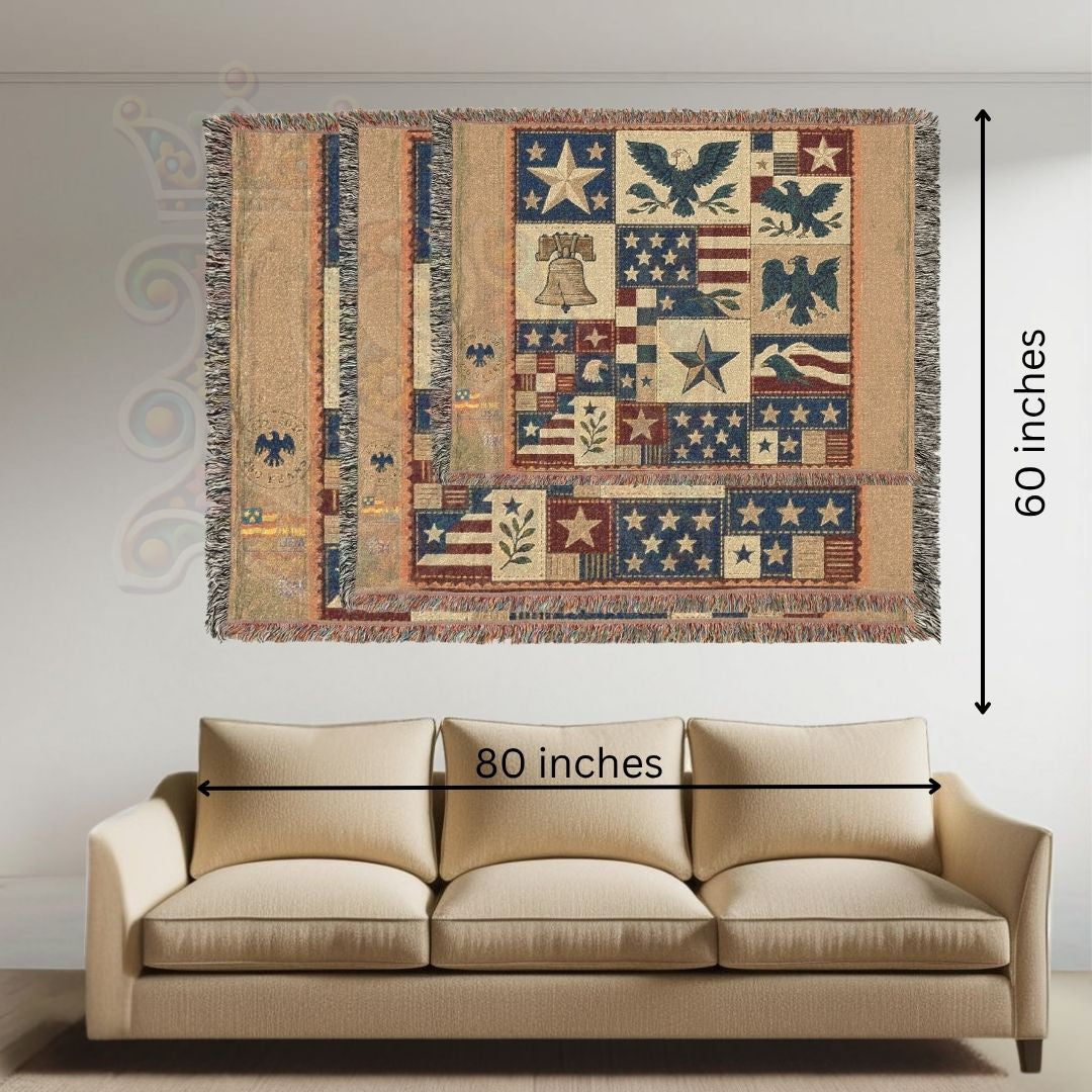 Liberty Symbols Americana Woven Blanket – Patriotic Eagles, Stars & Liberty Bell Quilt Throw