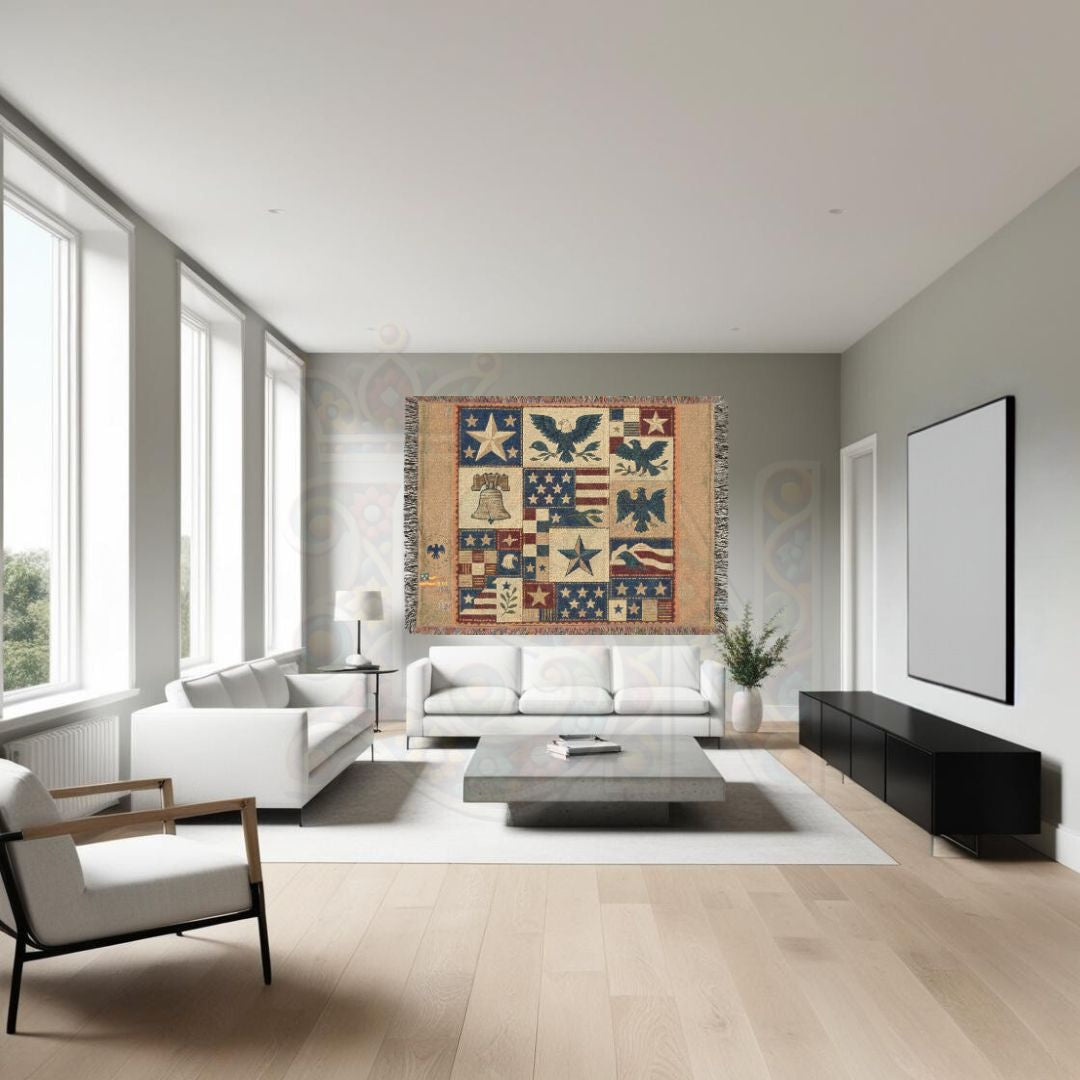 Liberty Symbols Americana Woven Blanket – Patriotic Eagles, Stars & Liberty Bell Quilt Throw