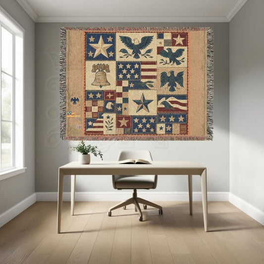 Liberty Symbols Americana Woven Blanket – Patriotic Eagles, Stars & Liberty Bell Quilt Throw