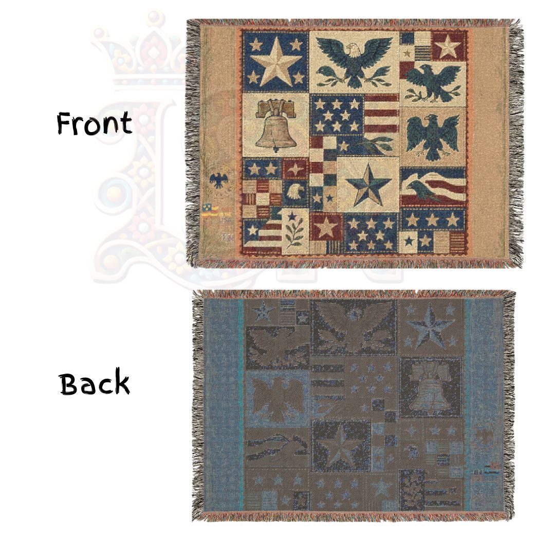 Liberty Symbols Americana Woven Blanket – Patriotic Eagles, Stars & Liberty Bell Quilt Throw