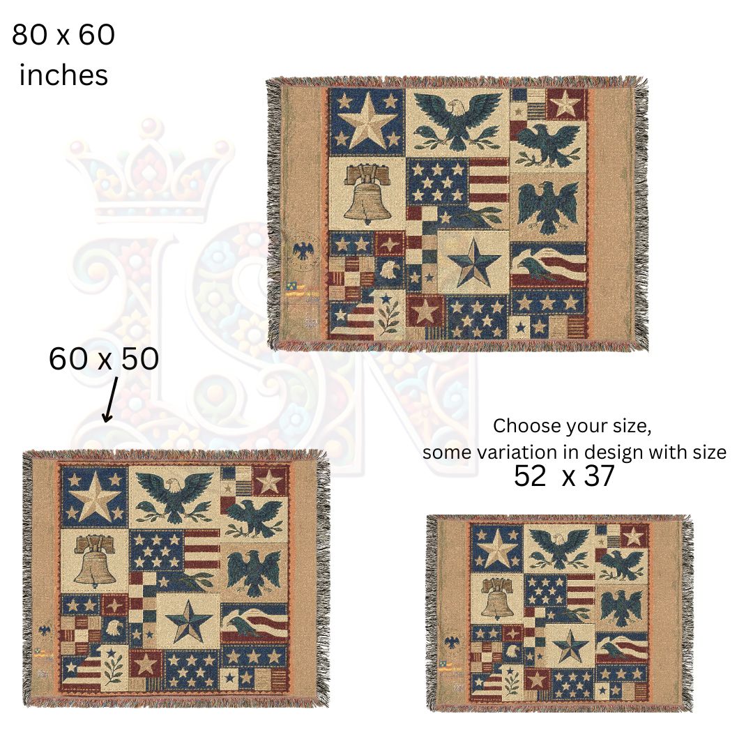 Liberty Symbols Americana Woven Blanket – Patriotic Eagles, Stars & Liberty Bell Quilt Throw