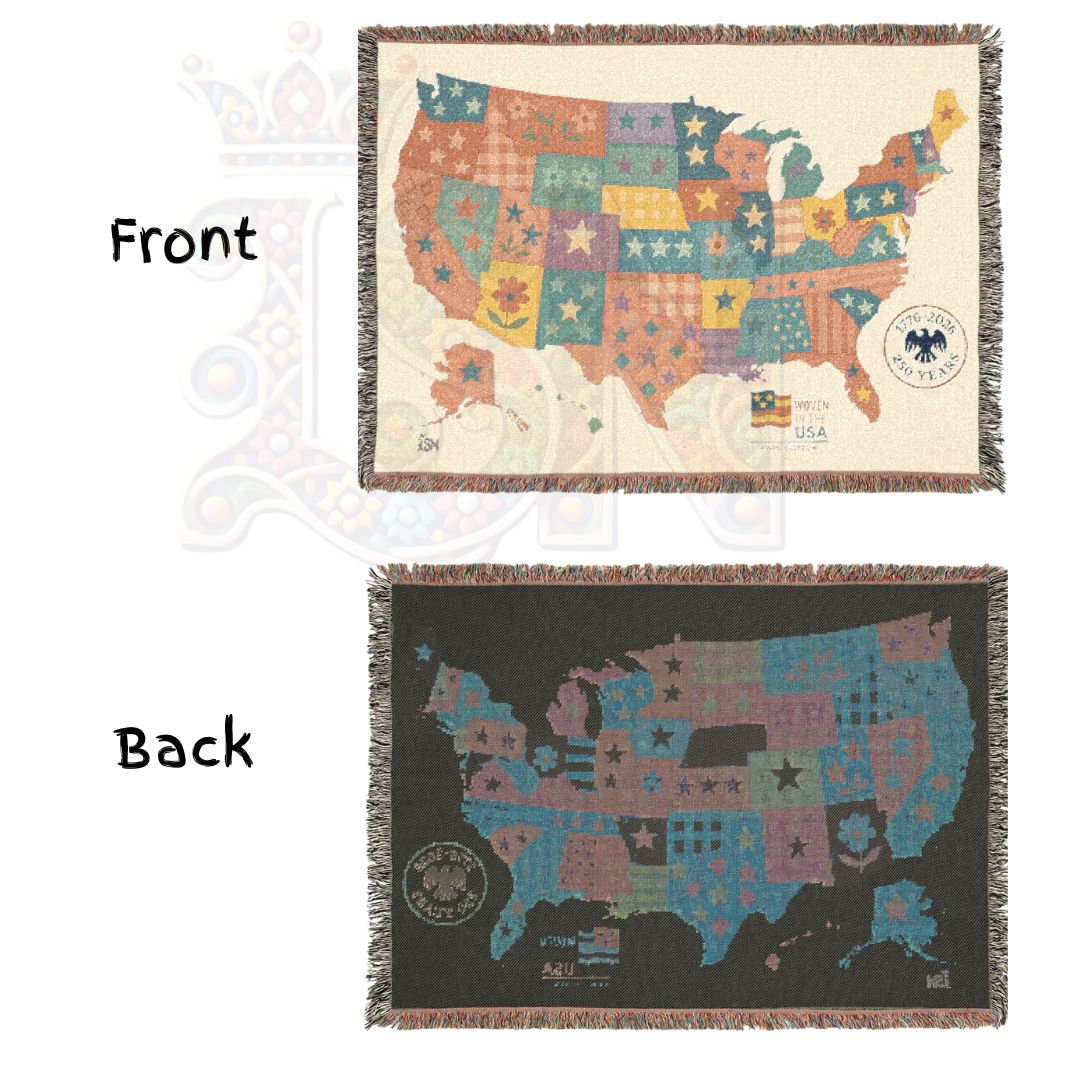 Patchwork USA Map Woven Blanket – Cozy Americana Quilt Throw with Folk Art Stars & Flowers