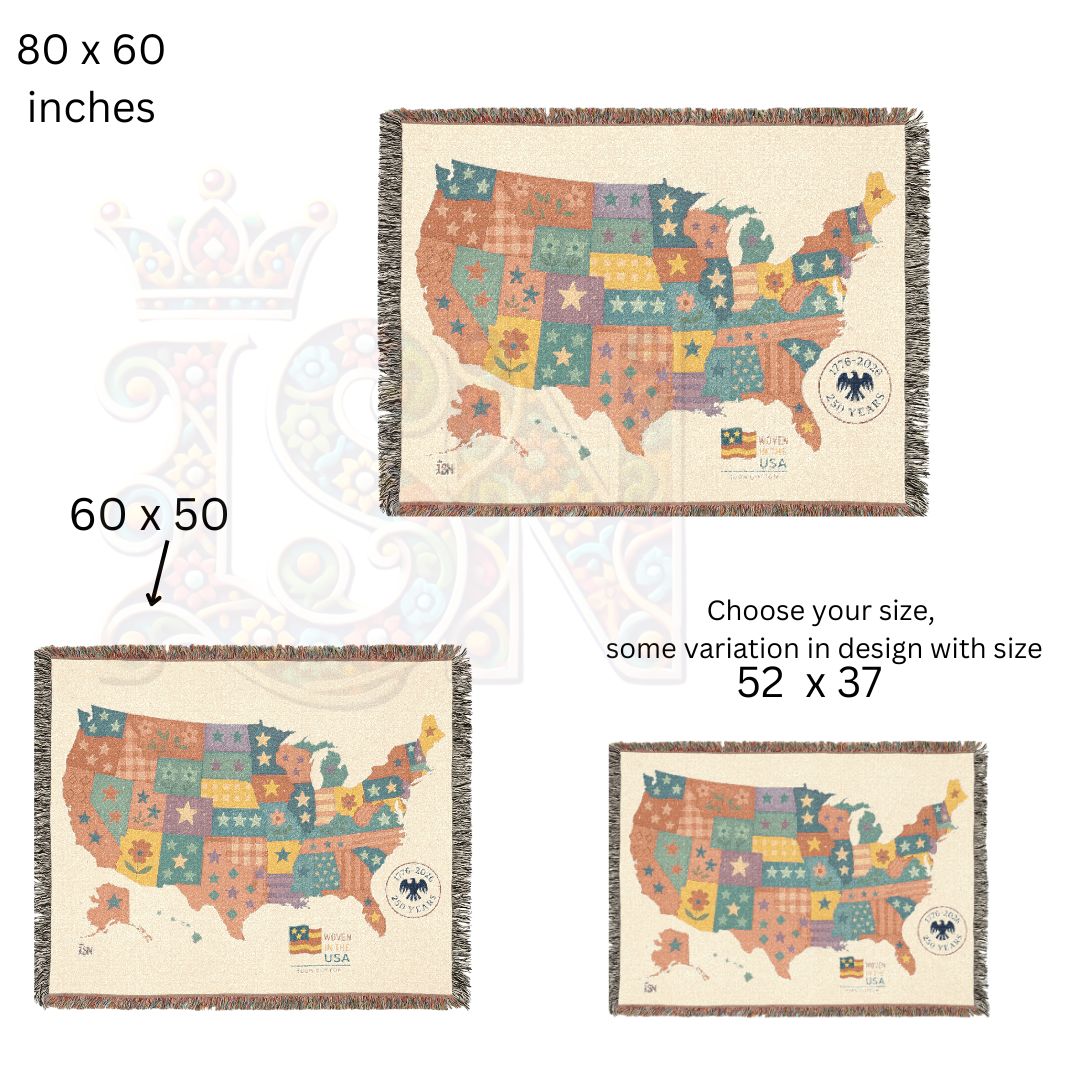 Patchwork USA Map Woven Blanket – Cozy Americana Quilt Throw with Folk Art Stars & Flowers