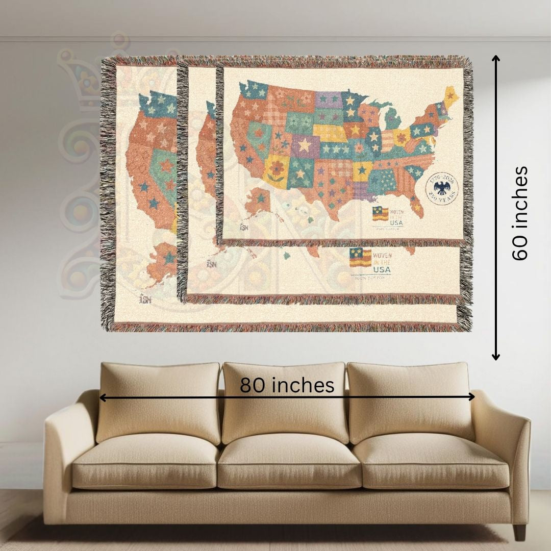Patchwork USA Map Woven Blanket – Cozy Americana Quilt Throw with Folk Art Stars & Flowers