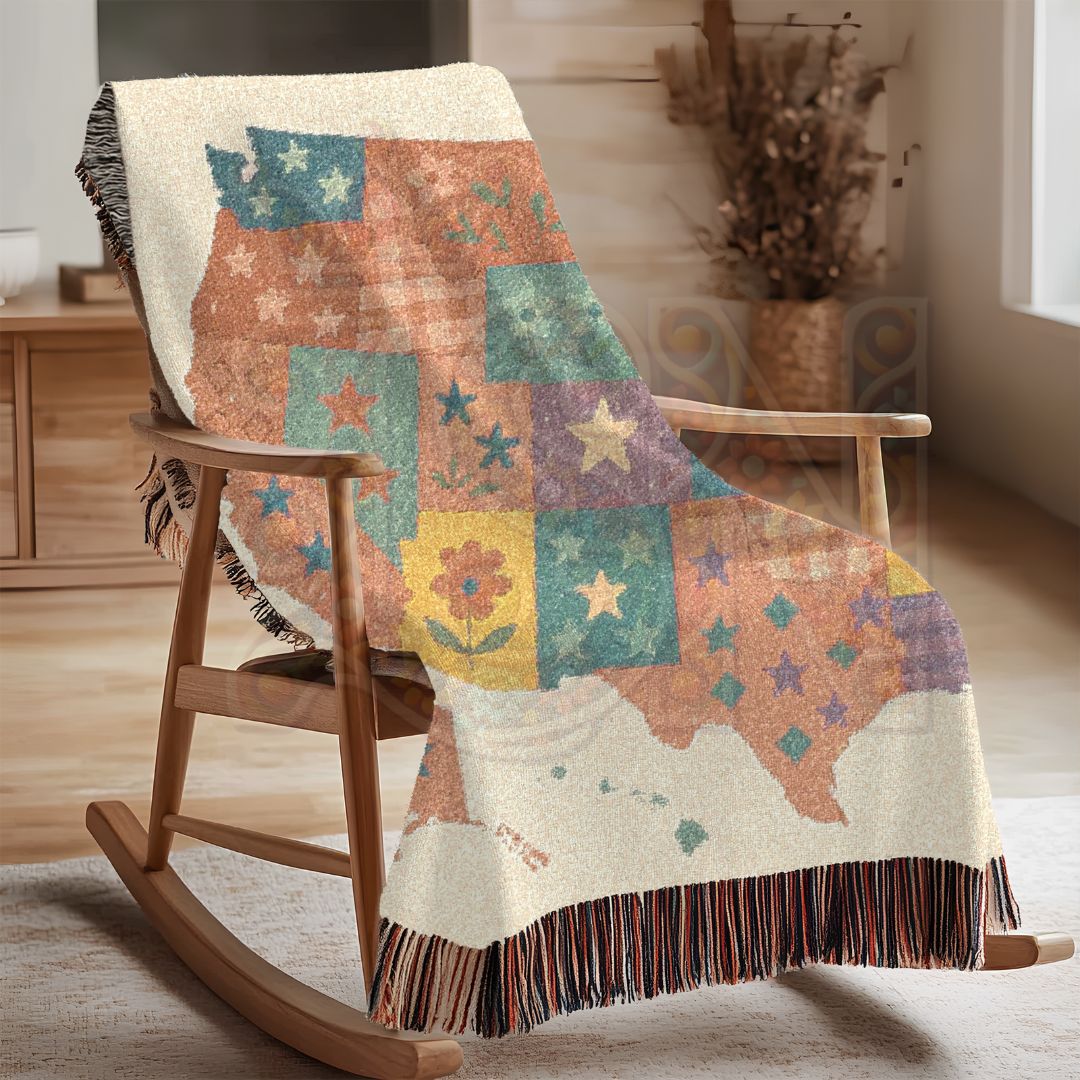 Patchwork USA Map Woven Blanket – Cozy Americana Quilt Throw with Folk Art Stars & Flowers