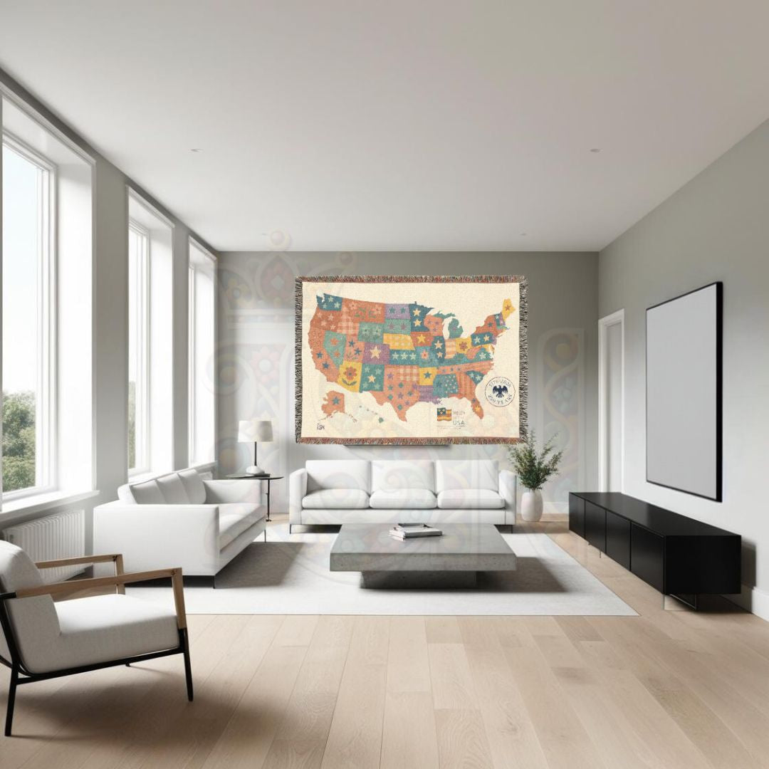Patchwork USA Map Woven Blanket – Cozy Americana Quilt Throw with Folk Art Stars & Flowers