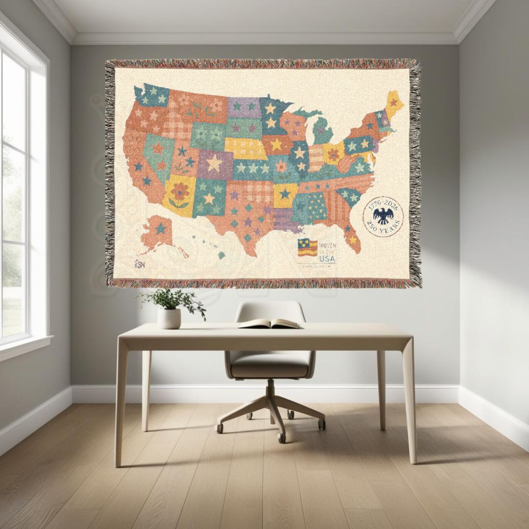 Patchwork USA Map Woven Blanket – Cozy Americana Quilt Throw with Folk Art Stars & Flowers