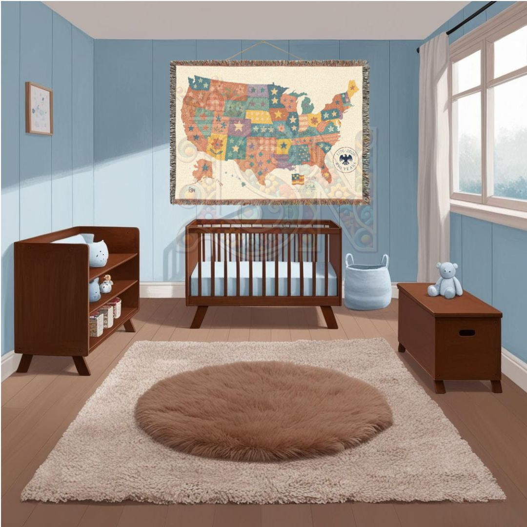 Patchwork USA Map Woven Blanket – Cozy Americana Quilt Throw with Folk Art Stars & Flowers