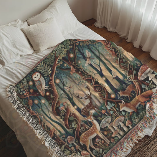 Woodland Twilight Tapestry Blanket – Enchanted Forest Animals & Fireflies Cozy Throw