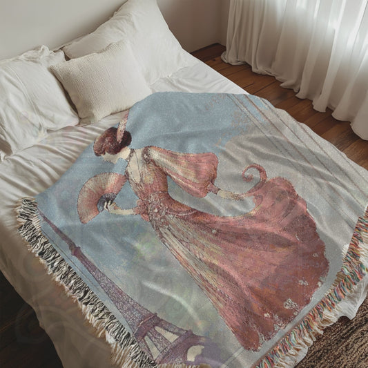 Art Deco Paris Woven Blanket 🇫🇷 100% Cotton Throw with Elegant Woman & Eiffel Tower – Vintage-Inspired Tapestry for Chic Home Décor