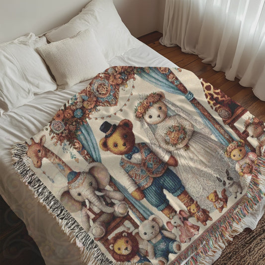 Teddy Bear Wedding Woven Blanket – 100% Cotton Vintage-Inspired Throw for Nursery, Wedding Gift, & Cozy Home Decor | Heirloom Tapestry for Storybook Lovers