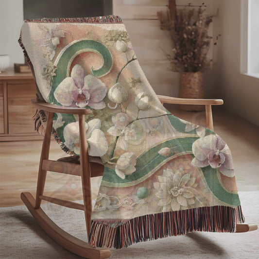Elegant Floral Woven Blanket – Soft Botanical Throw – Vintage-Inspired Orchid & Lotus Tapestry – Romantic Cottagecore Home Decor – Cotton Artisan Blanket