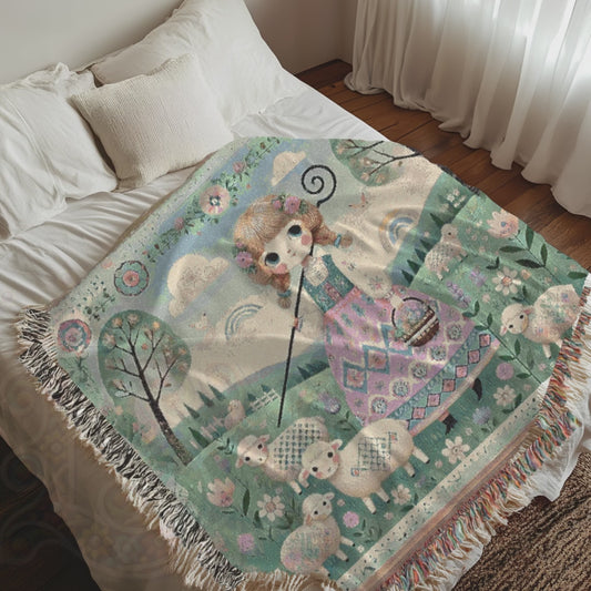 Pastel Shepherd Girl Woven Blanket – Cottagecore Farmhouse Tapestry Throw, Soft Vintage Nursery Decor, Cozy 100% Cotton Blanket, Whimsical Storybook Style