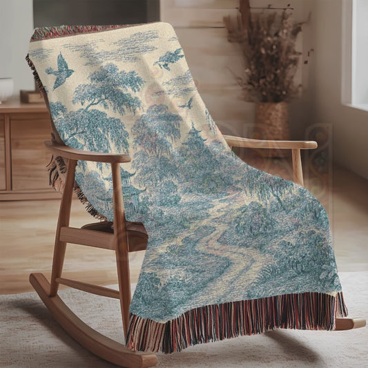 Pagoda Garden Woven Blanket – Blue Willow Landscape Tapestry Throw with Trees, Birds & Stream – 100% Cotton Calm & Serene Decor