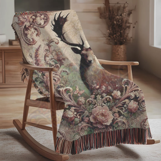 Majestic Deer Woven Blanket – 100% Cotton Nature Throw | Vintage Wildlife Tapestry | Rustic Lodge Decor | Cottagecore Bedding