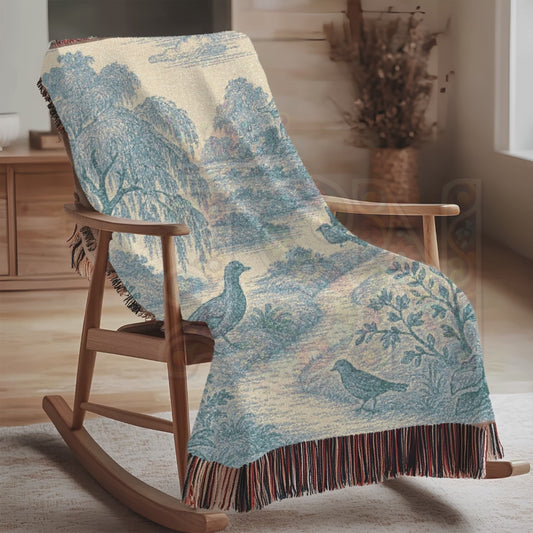 Pagoda Path Garden Woven Blanket – Blue Toile Tapestry Throw with Birds & Willow Trees – 100% Cotton Tranquil Landscape Wall Art