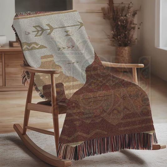 Southwestern Mesa Landscape Woven Blanket – Earthy Desert Folk Art Throw, Warm Scenic Home Decor Accent