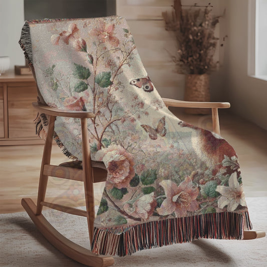 Enchanted Forest Woven Blanket – Deer & Floral Tapestry – Vintage Woodland Wildlife Throw – Romantic Cottagecore Decor – Cozy Nature-Inspired Blanket