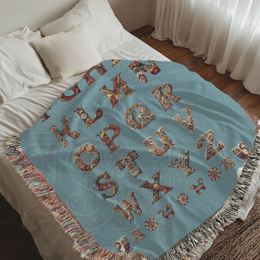 Blue Elegant Alphabet Woven Cotton Blanket – Bohemian Luxe Tapestry Throw
