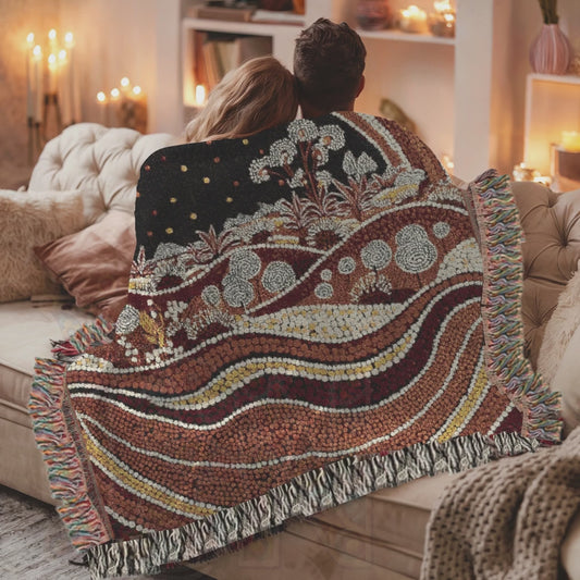 Australian Art-Inspired Woven Blanket – Tribal Cotton Tapestry, Boho Folk Art Throw