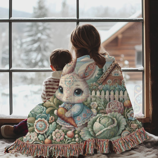 Whimsical Cottagecore Female Bunny Blanket, 100% Cotton Woven Throw – Cozy Fairy Tale Rabbit & Floral Farmhouse Tapestry