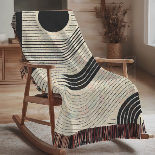 Midnight Flow Minimalist Black & Cream Woven Blanket, Bold Flowing Lines Cozy Throw, Modern Minimal Home Decor Gift