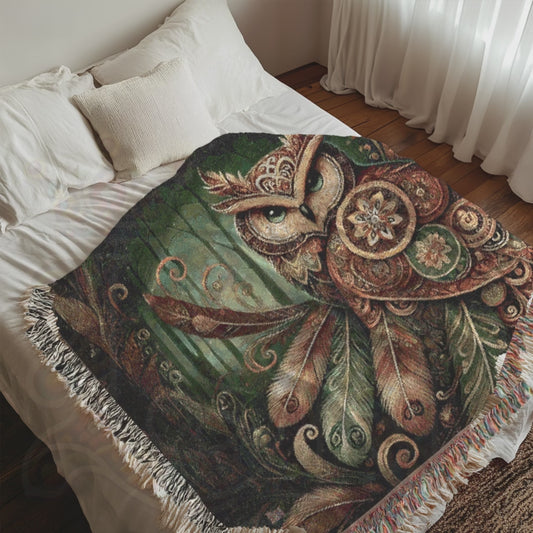 Woven Owl Blanket – 100% Cotton Tapestry Throw, Boho Woodland Decor, Nature-Inspired Bedspread, Cozy Couch Blanket, Nordic Art Gift