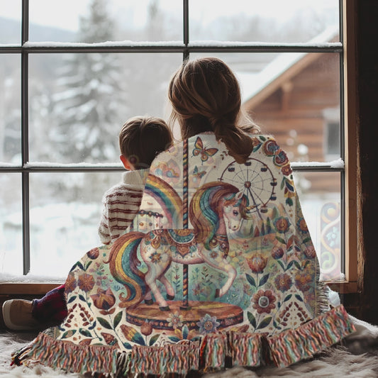 Rainbow Carousel Woven Blanket – Enchanted Unicorn Nursery Throw, Magical Animal Gift