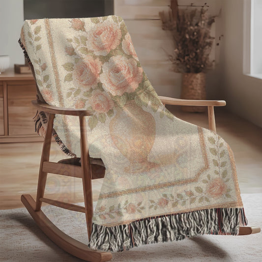 Rose Vase Reverie Fairycore Woven Blanket – Vintage Floral Throw