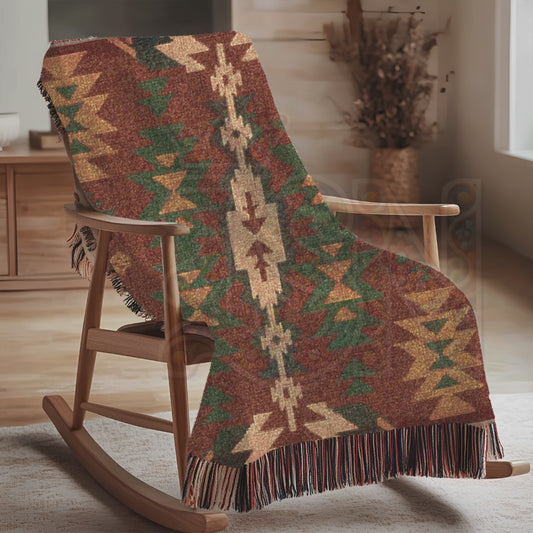 Southwestern Tribal Pattern Woven Blanket – Bold Geometric Folk Art Throw, Earthy Warmth for Home Decor