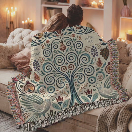 Tree of Life "Love being with you" Woven Blanket – 100% Cotton Tapestry Throw | Boho Home Decor | Birds, Nature & Blessings Design