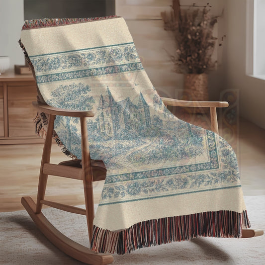 French Chateau Woven Blanket – Blue Toile Cotton Throw or Wall Tapestry with Floral Border & Manor Scene – Elegant Storybook Decor
