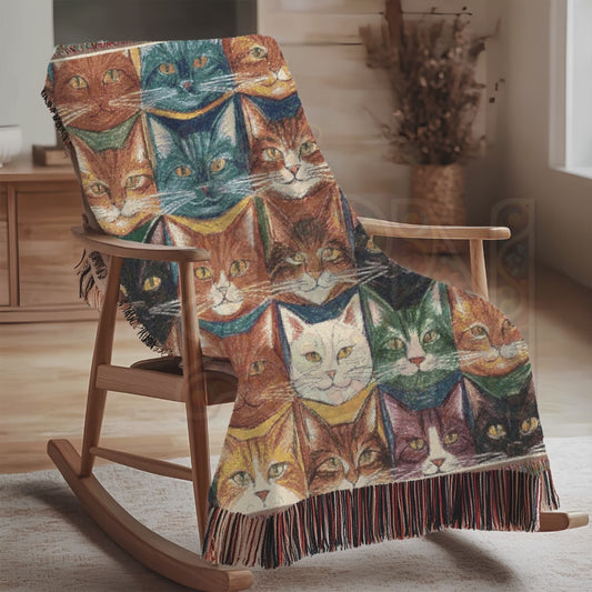 Feline Faces Patchwork Woven Blanket – Vibrant Cat Portrait Throw