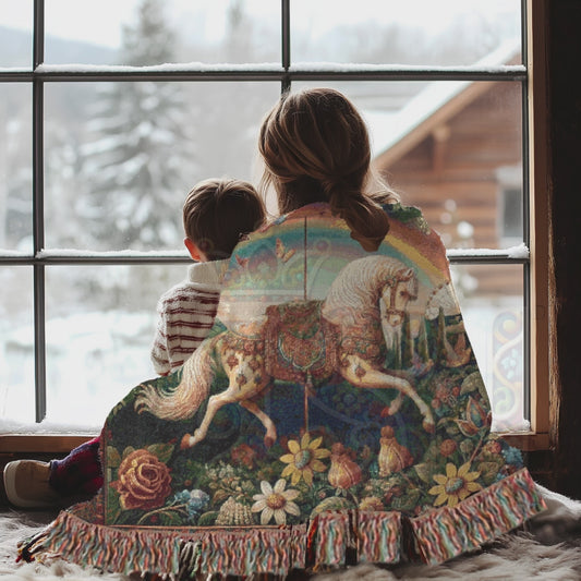 Enchanted Carousel Horse Woven Blanket, 100% Cotton Tapestry Throw, Fantasy Home Decor, Floral Fairytale Art