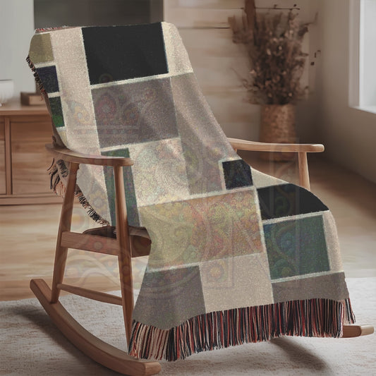 Modern Mosaic Abstract Geometric Blocks Woven Blanket, Earth Tone Throw for Modern Living, Minimalist Home Decor Gift