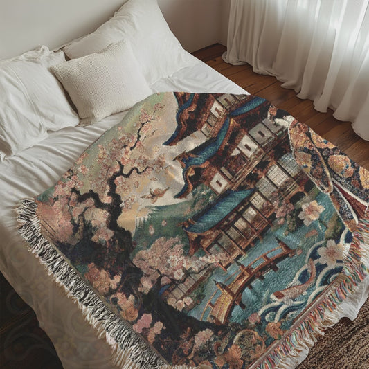 Japanese Garden Kimono Blanket – Cherry Blossom Art Throw, Elegant Asian-Inspired Home Décor