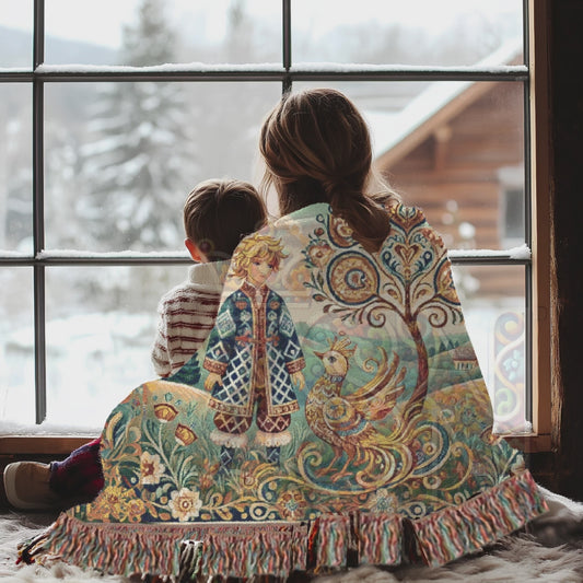 Fairy Tale Folk Art Woven Blanket – Enchanted Prince & Light Firebird, Slavic-Inspired Tapestry Throw for Cozy, Whimsical Décor
