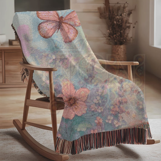 Butterfly Blossoms Woven Blanket – Fairycore Pastel Floral Throw, Dreamy Nursery Decor