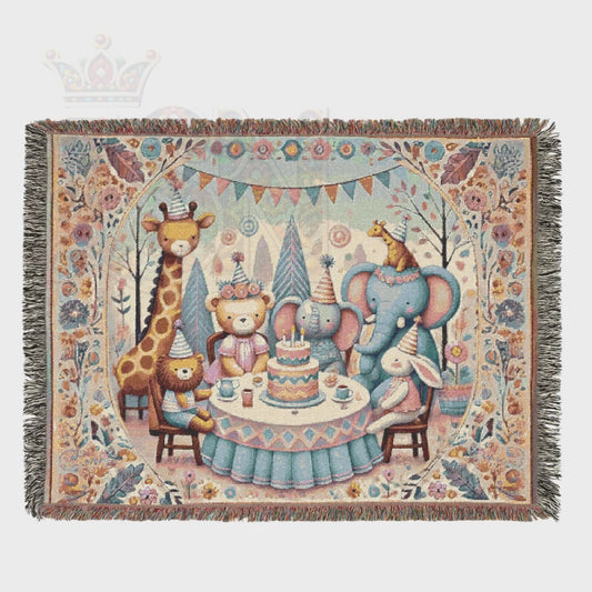 Woodland Birthday Tea Party Pastel Woven Blanket – Cozy Kids Animal Story Throw, Nursery Gift