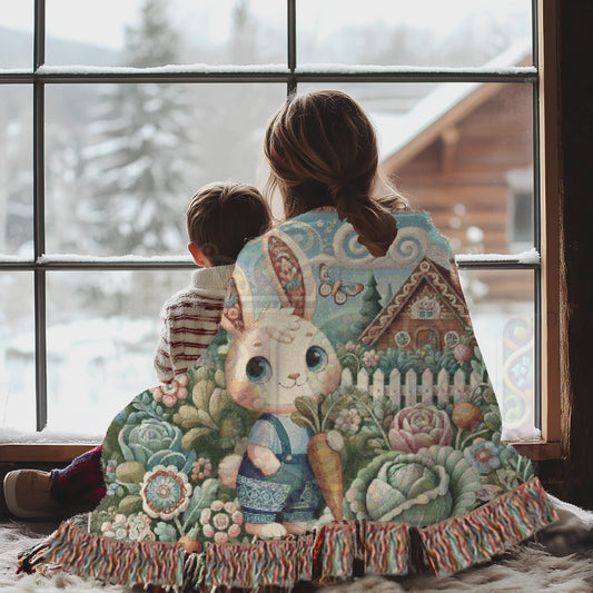 Whimsical Cottagecore Male Bunny Blanket | 100% Cotton Woven Throw | Cozy Fairy Tale Rabbit & Floral Farmhouse Tapestry