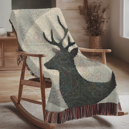 Silent Majesty Minimalist Deer Silhouette Woven Blanket, Nature-Inspired Modern Throw, Gift for Calm and Cozy Home Decor Lovers