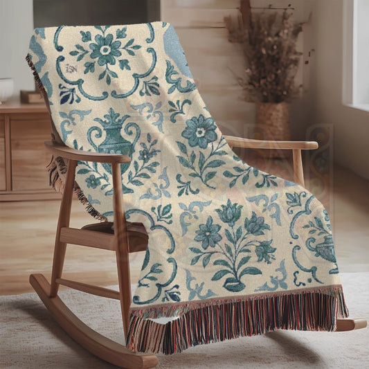 French Folk Tile Woven Blanket – Blue & Cream Tapestry Throw with Rooster, Bird & Floral Motifs – 100% Cotton Country Cottage Decor
